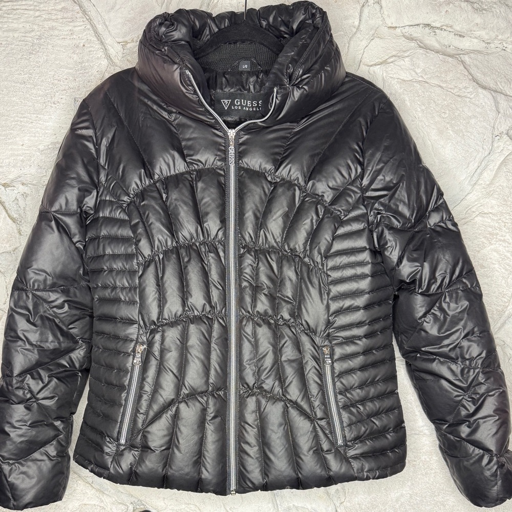 Guess | Women's Black Quilted Puffer Zip Jacket w/Down Feather Fill, Size L